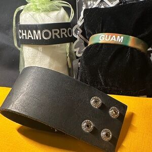 Black Leather Cuff Bracelet, 2 Rubber Guam and Chamorro Bracelets